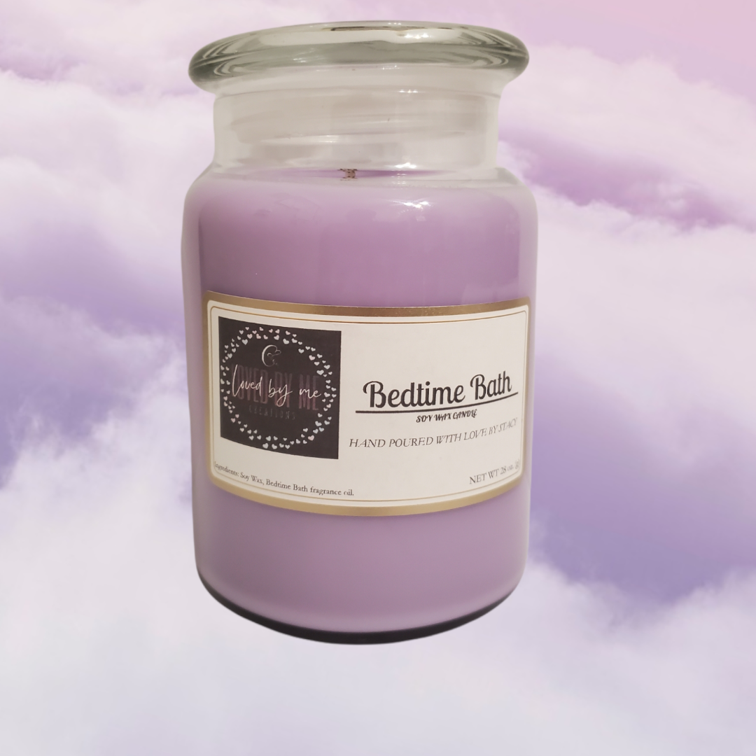 Enjoy your favorite scent in a 32 oz candle glass jar. Made with Soy wax for a clean burn. 195-210 hours of burn time. Select 1 fragrance. Visit Now: www.lovedbymecreations.com